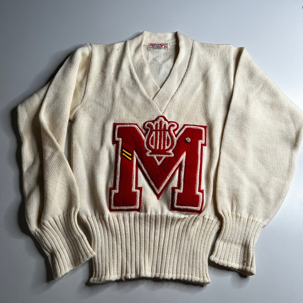 Vintage 1950s Indiana‎  Sand Knit Letterman Sweater Cream Red Chenille Patch